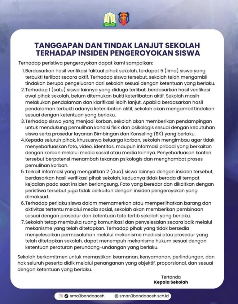 SMA 3 Banda Aceh Keluarkan 5 Siswa Terduga Pengeroyokan